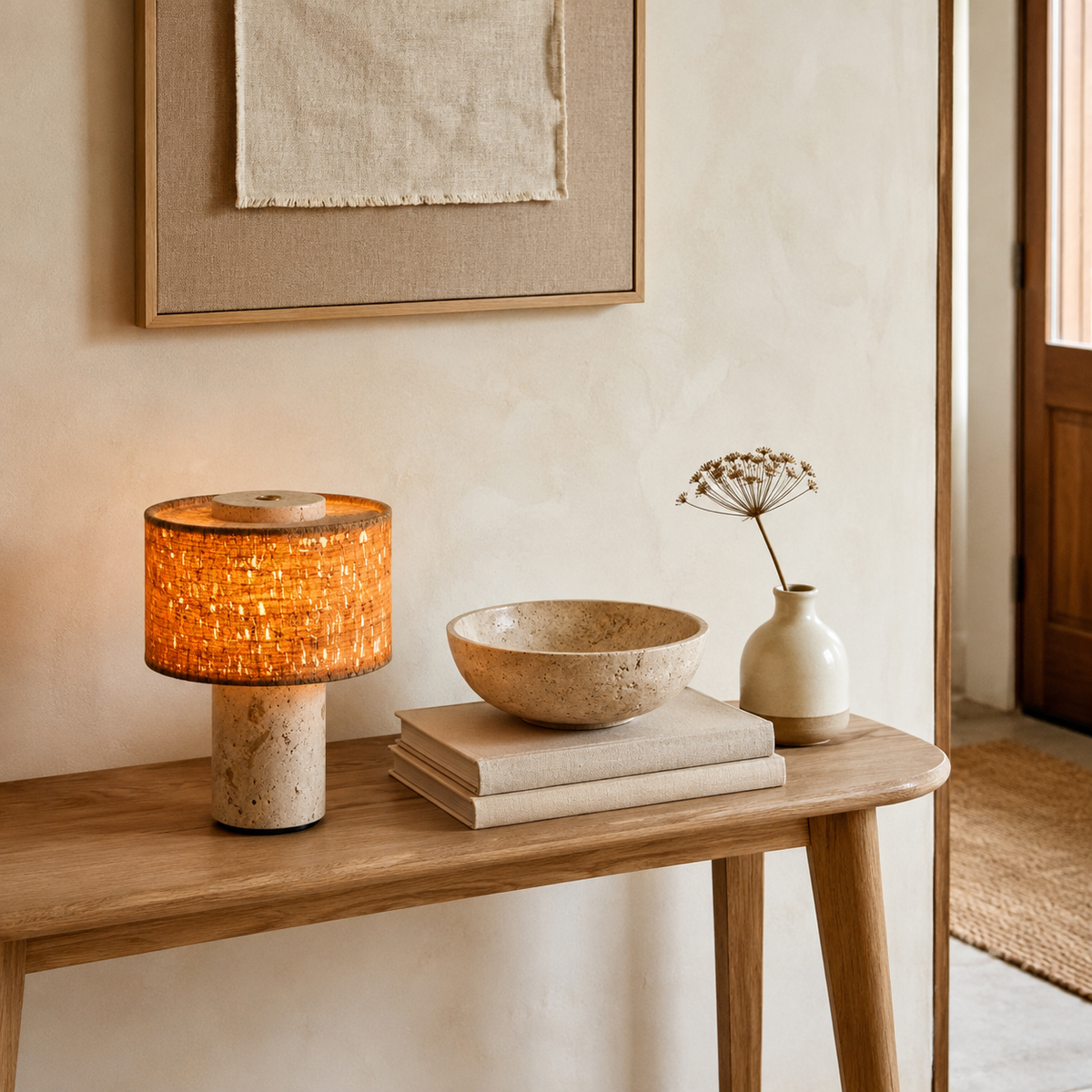 Minimalist Travertine Fabric Cylinder Table Lamp