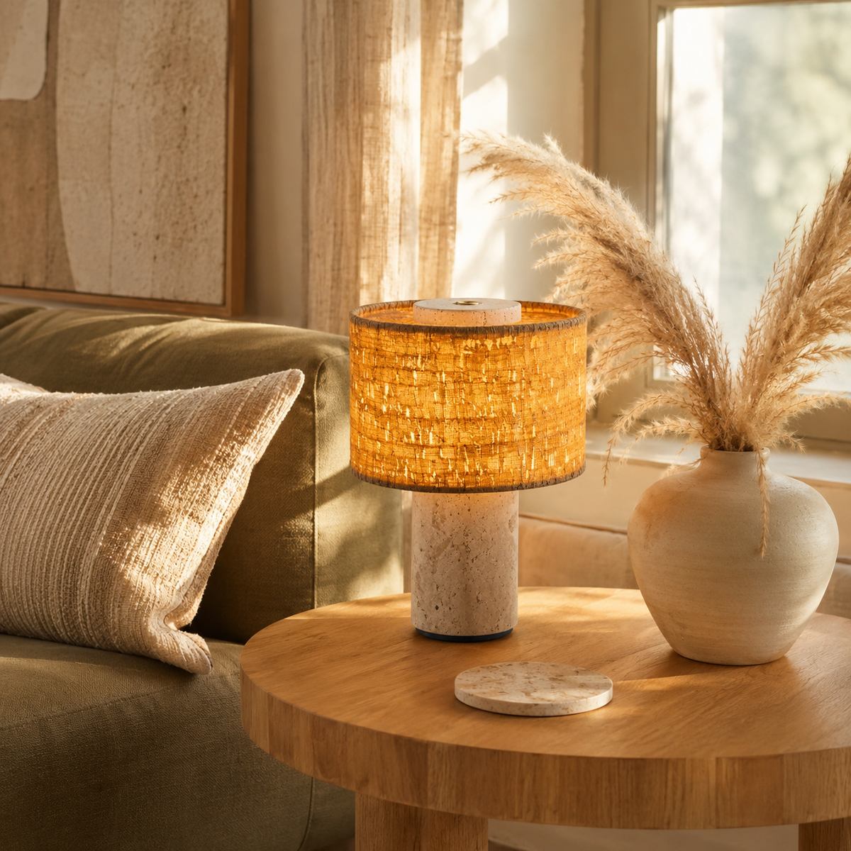 Minimalist Travertine Fabric Cylinder Table Lamp