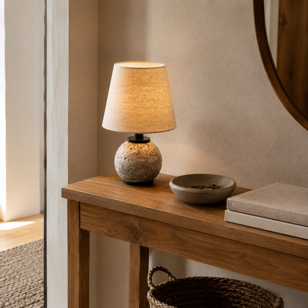Minimalist Round Travertine Fabric Table Lamp