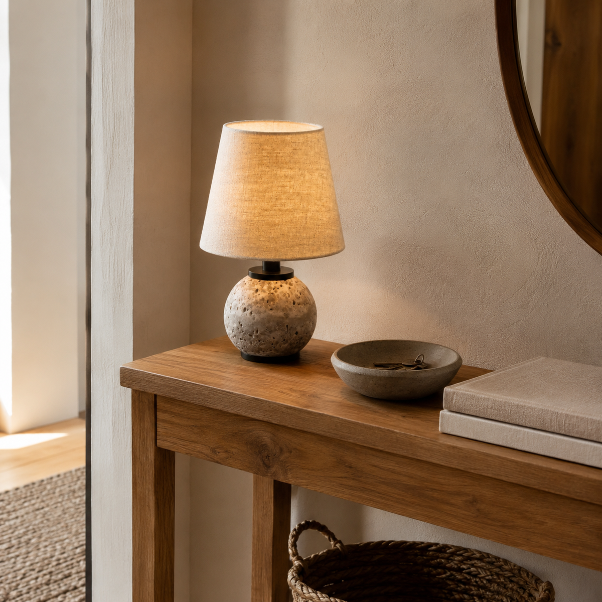 Minimalist Round Travertine Fabric Table Lamp