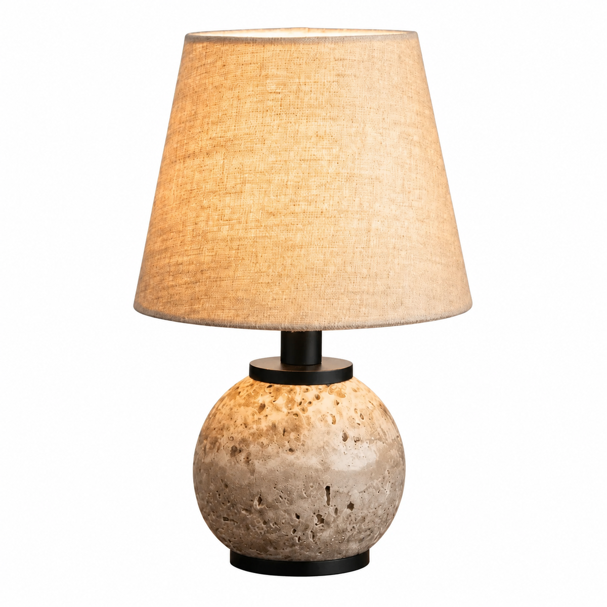 Minimalist Round Travertine Fabric Table Lamp
