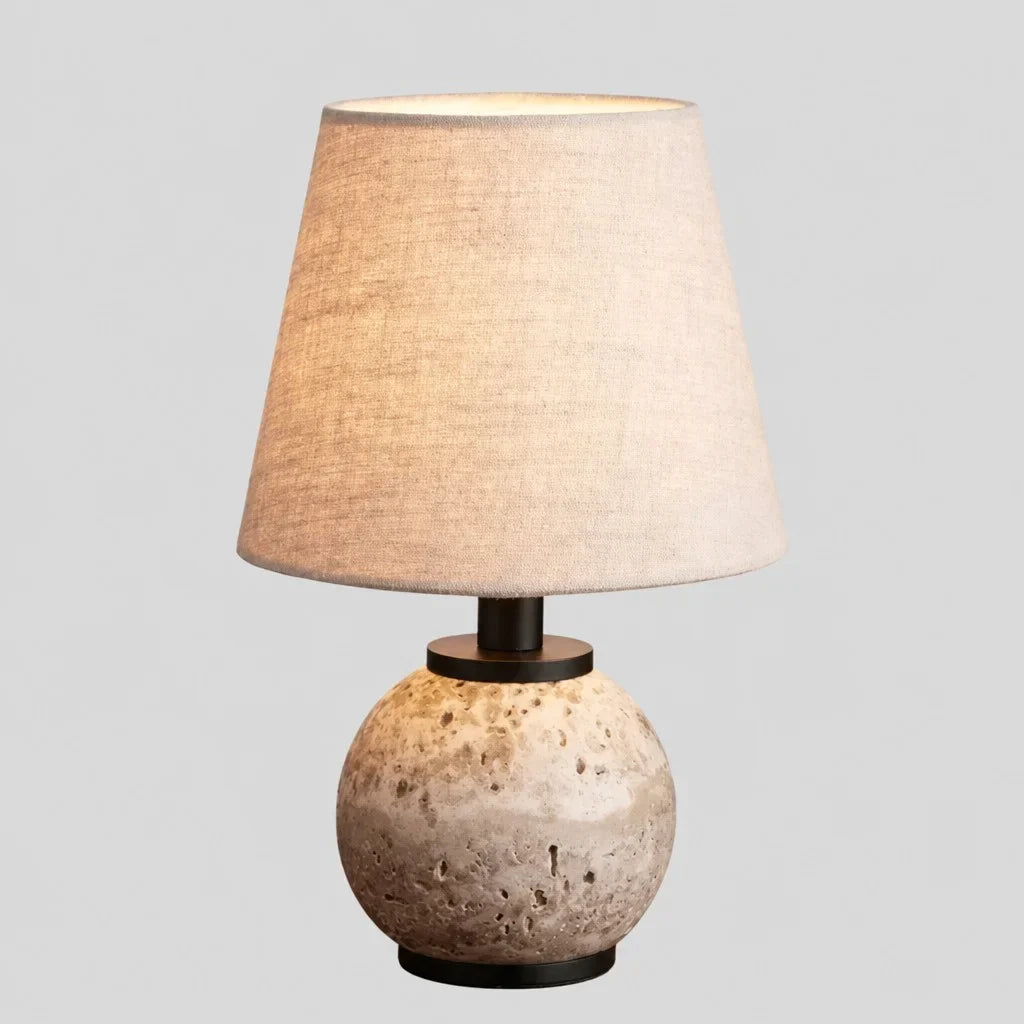 Minimalist Round Travertine Fabric Table Lamp