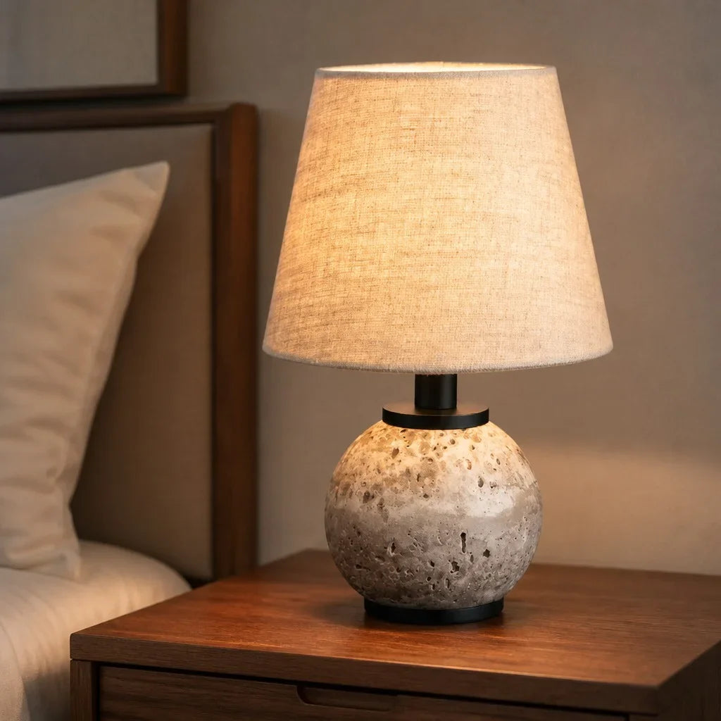 Minimalist Round Travertine Fabric Table Lamp
