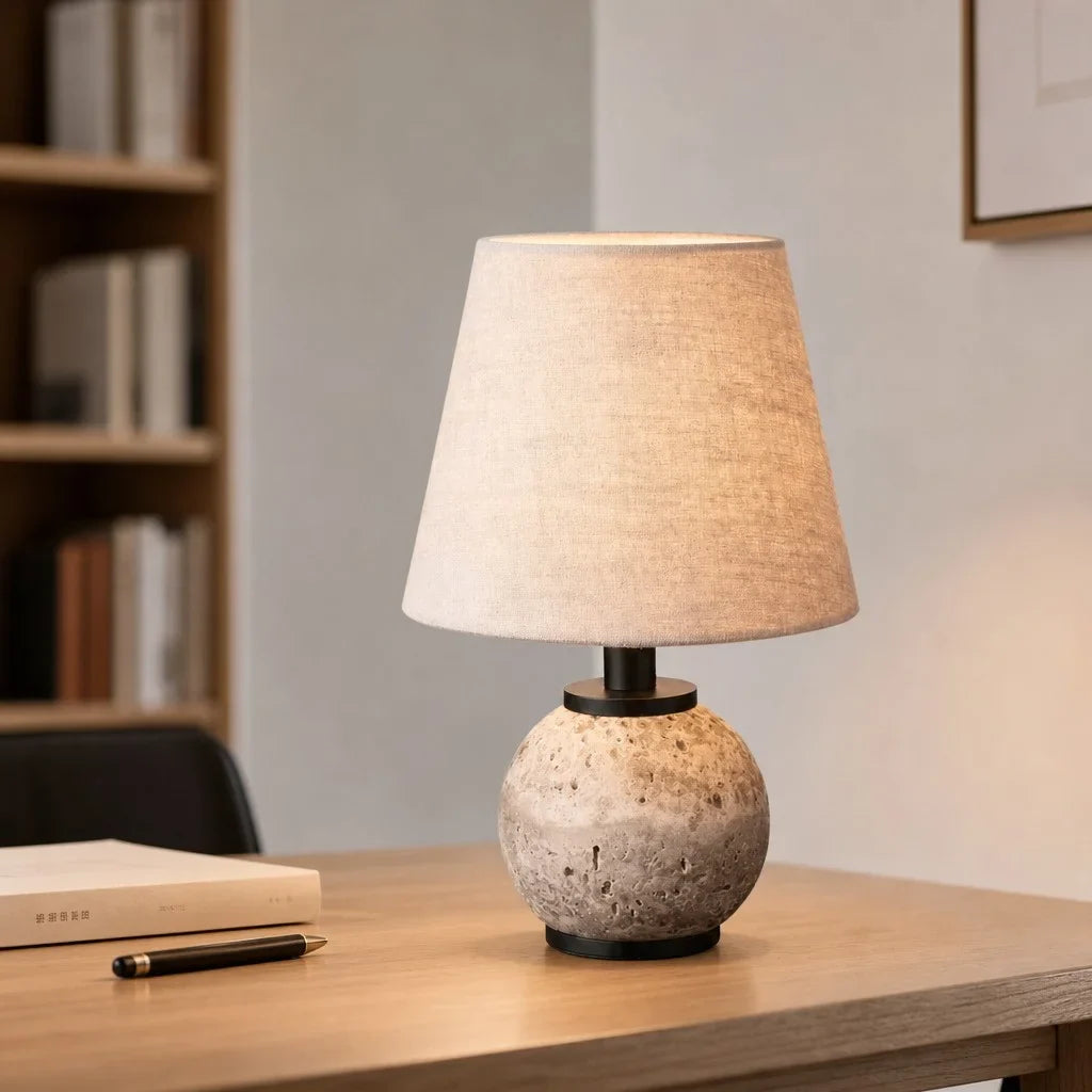 Minimalist Round Travertine Fabric Table Lamp