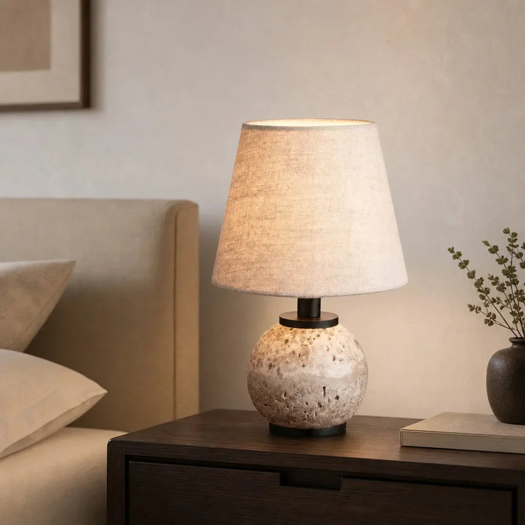 Minimalist Round Travertine Fabric Table Lamp