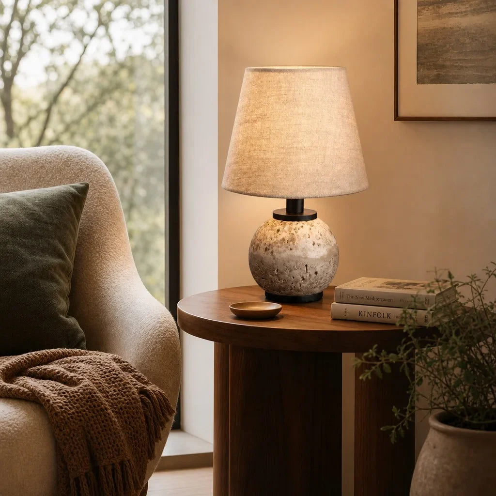 Minimalist Round Travertine Fabric Table Lamp