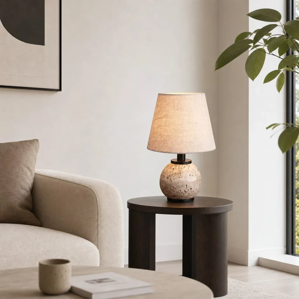 Minimalist Round Travertine Fabric Table Lamp