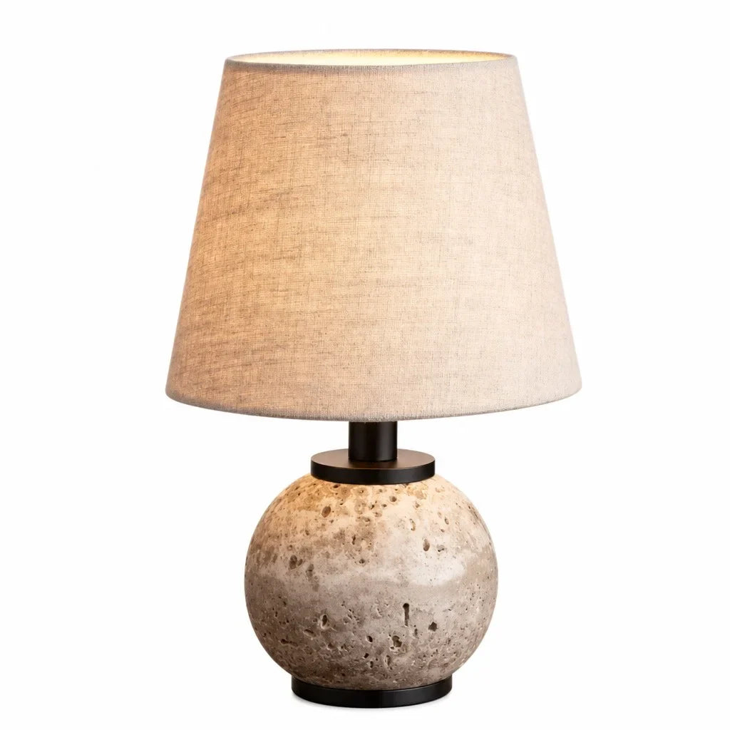 Minimalist Round Travertine Fabric Table Lamp