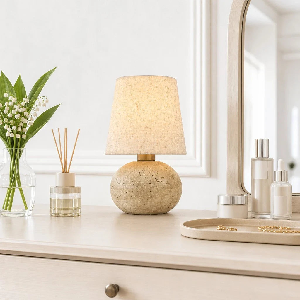 Minimalist Fabric Travertine Ball Table Lamp