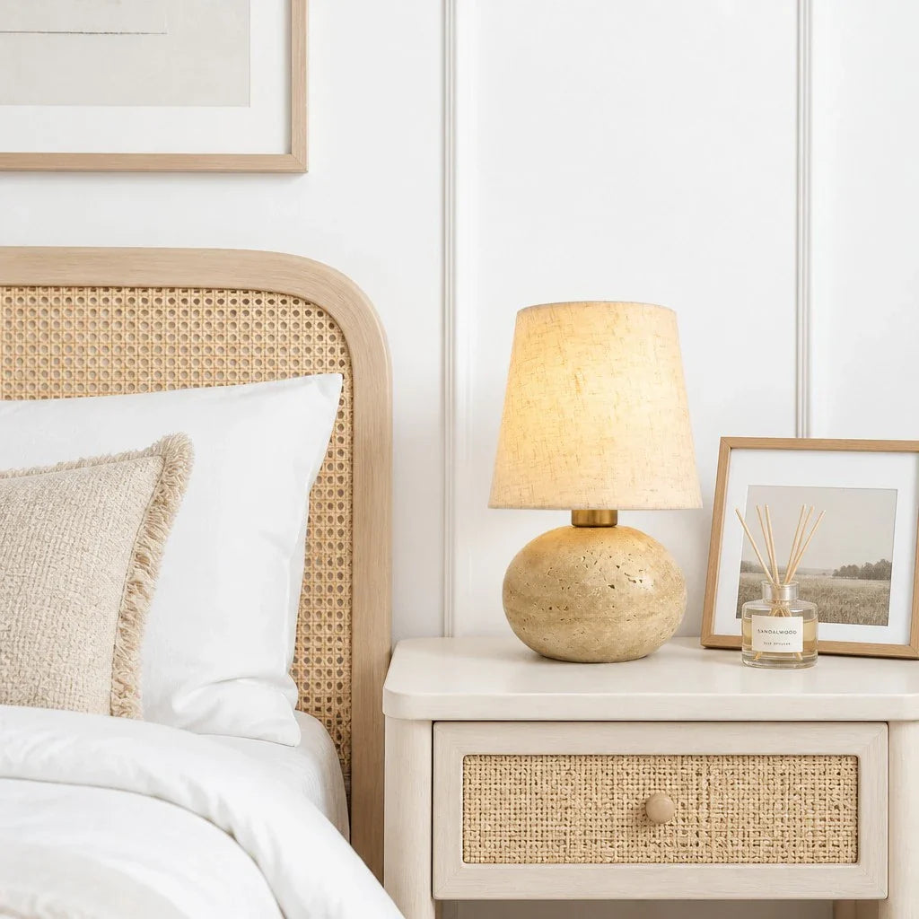 Minimalist Fabric Travertine Ball Table Lamp