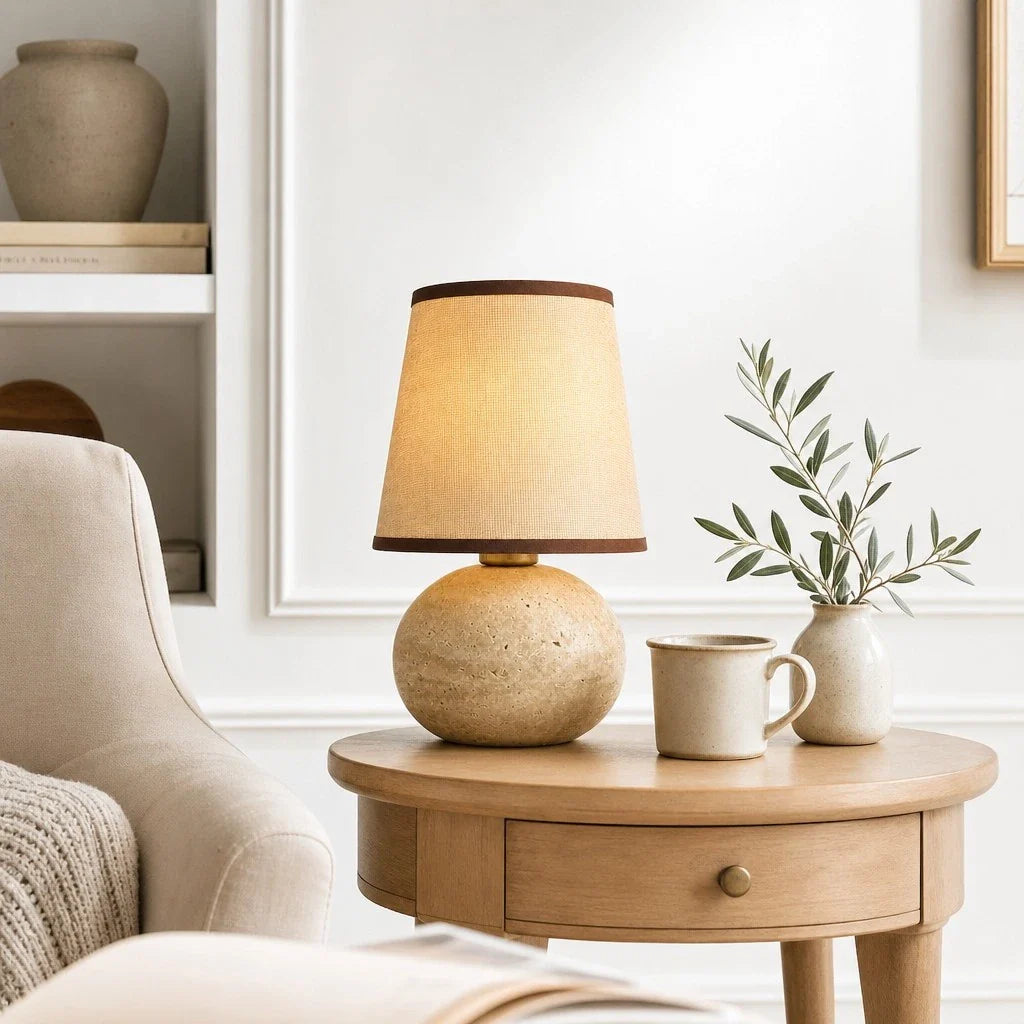 Minimalist Fabric Travertine Ball Table Lamp
