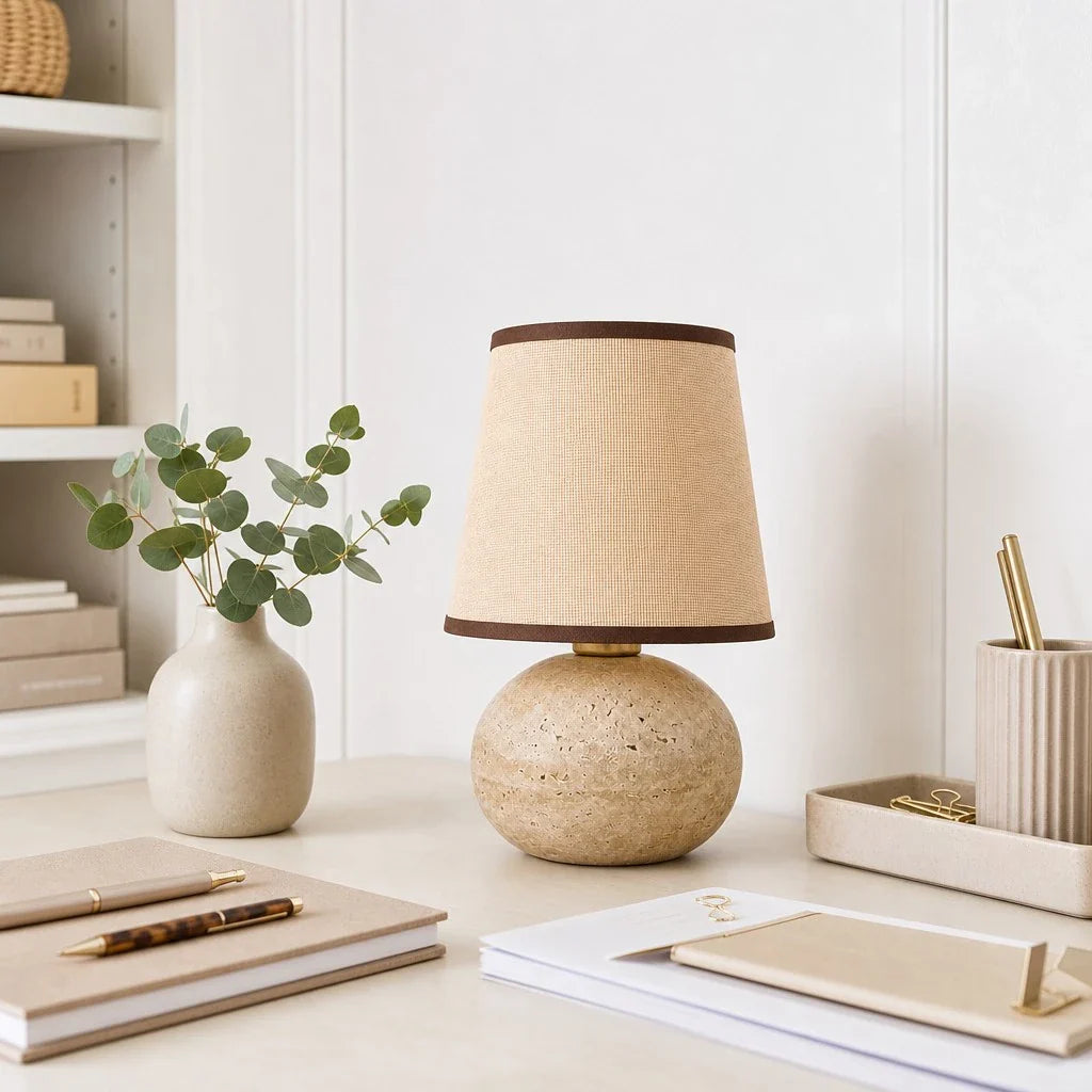 Minimalist Fabric Travertine Ball Table Lamp