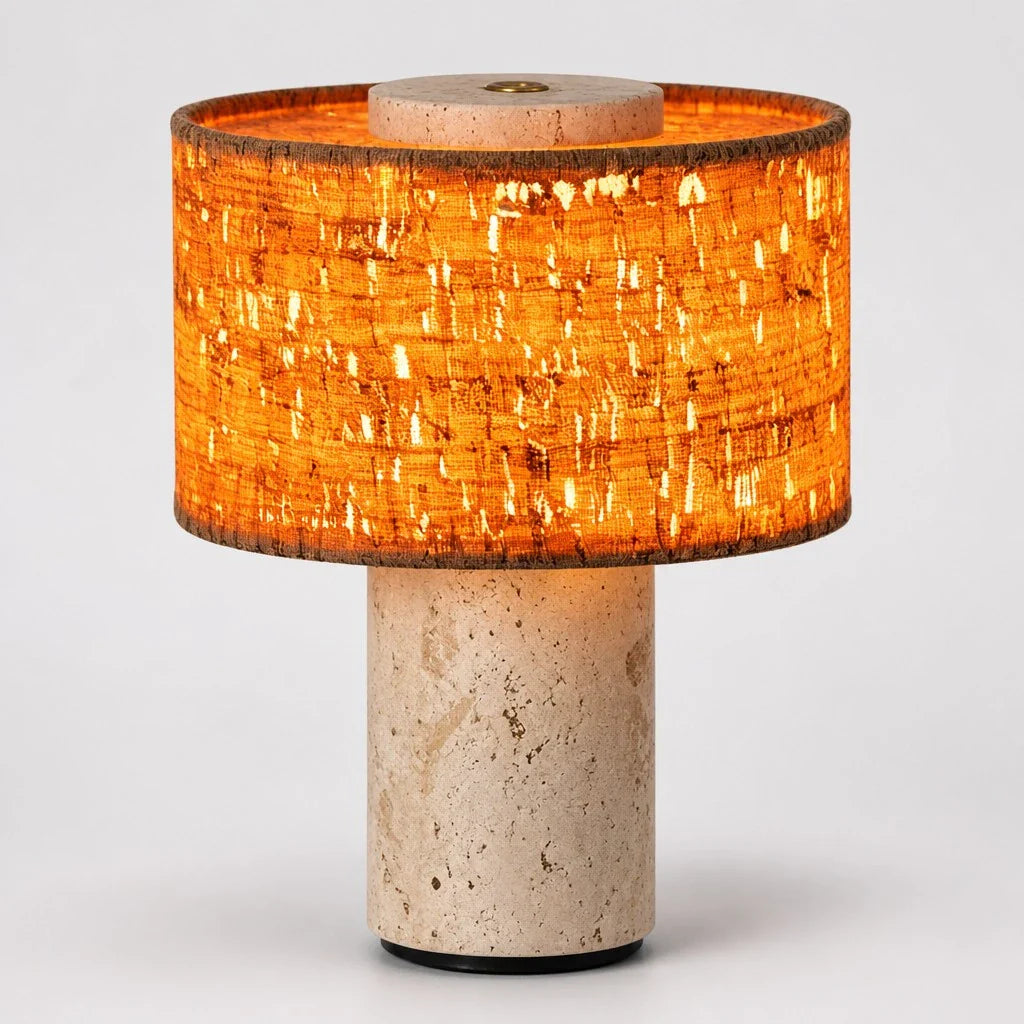Minimalist Travertine Fabric Cylinder Table Lamp