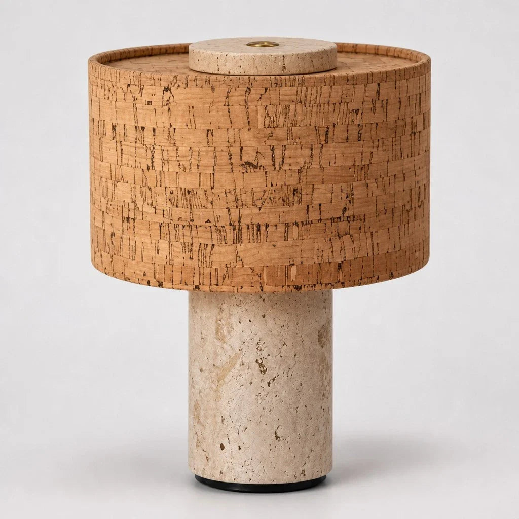 Minimalist Travertine Fabric Cylinder Table Lamp