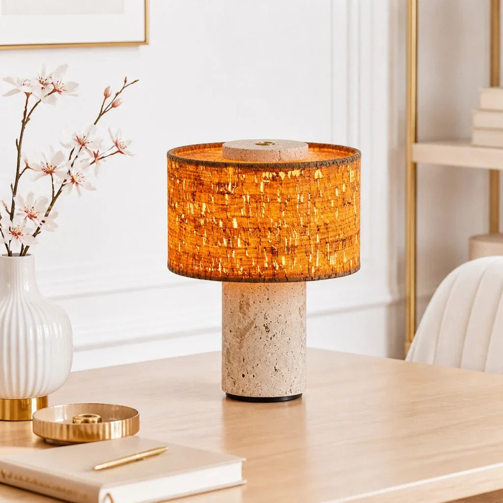 Minimalist Travertine Fabric Cylinder Table Lamp