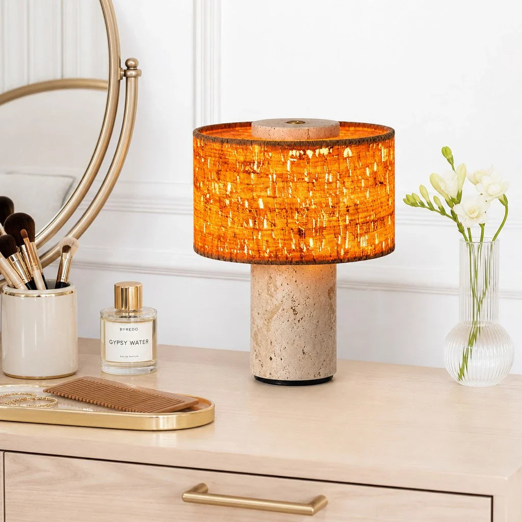 Minimalist Travertine Fabric Cylinder Table Lamp