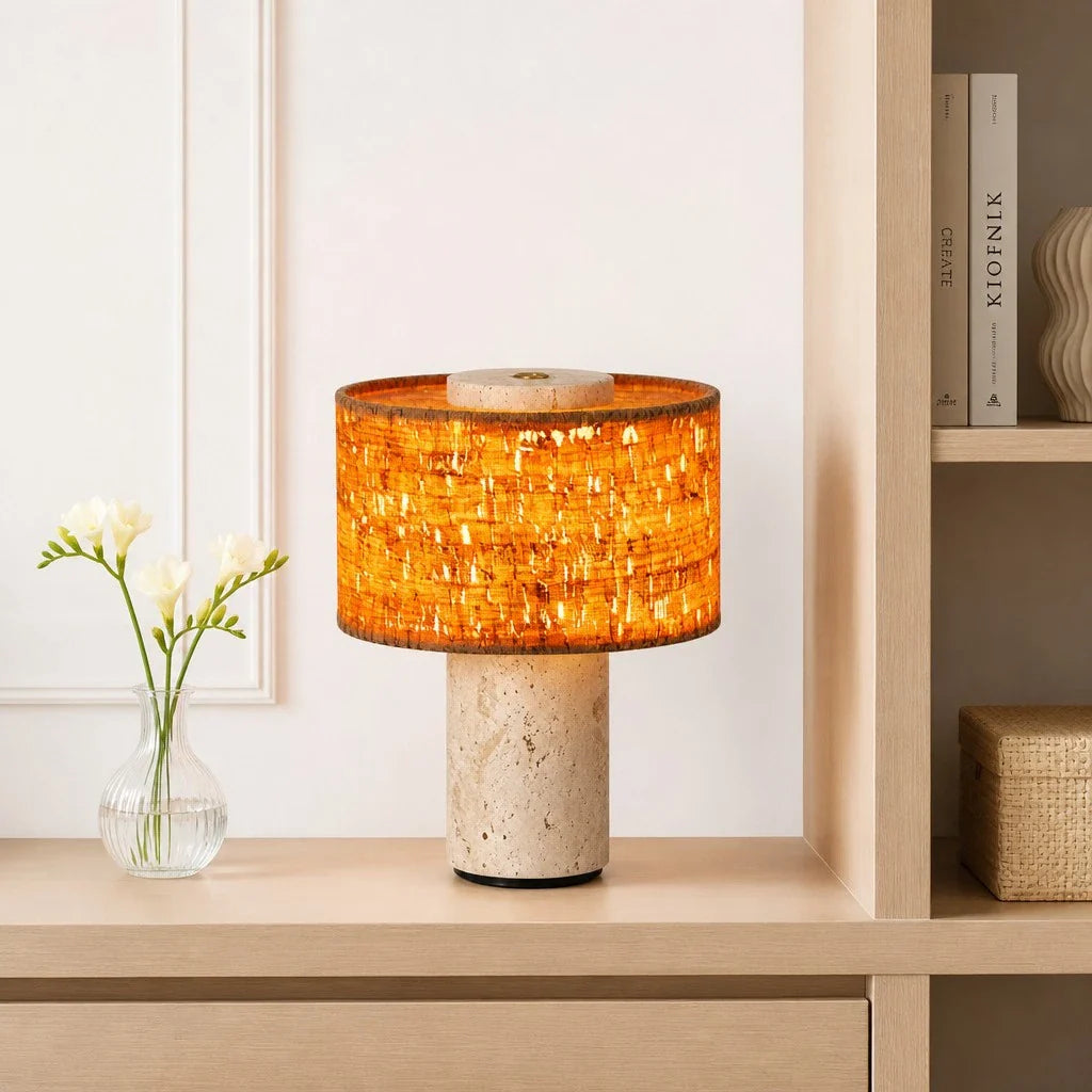 Minimalist Travertine Fabric Cylinder Table Lamp