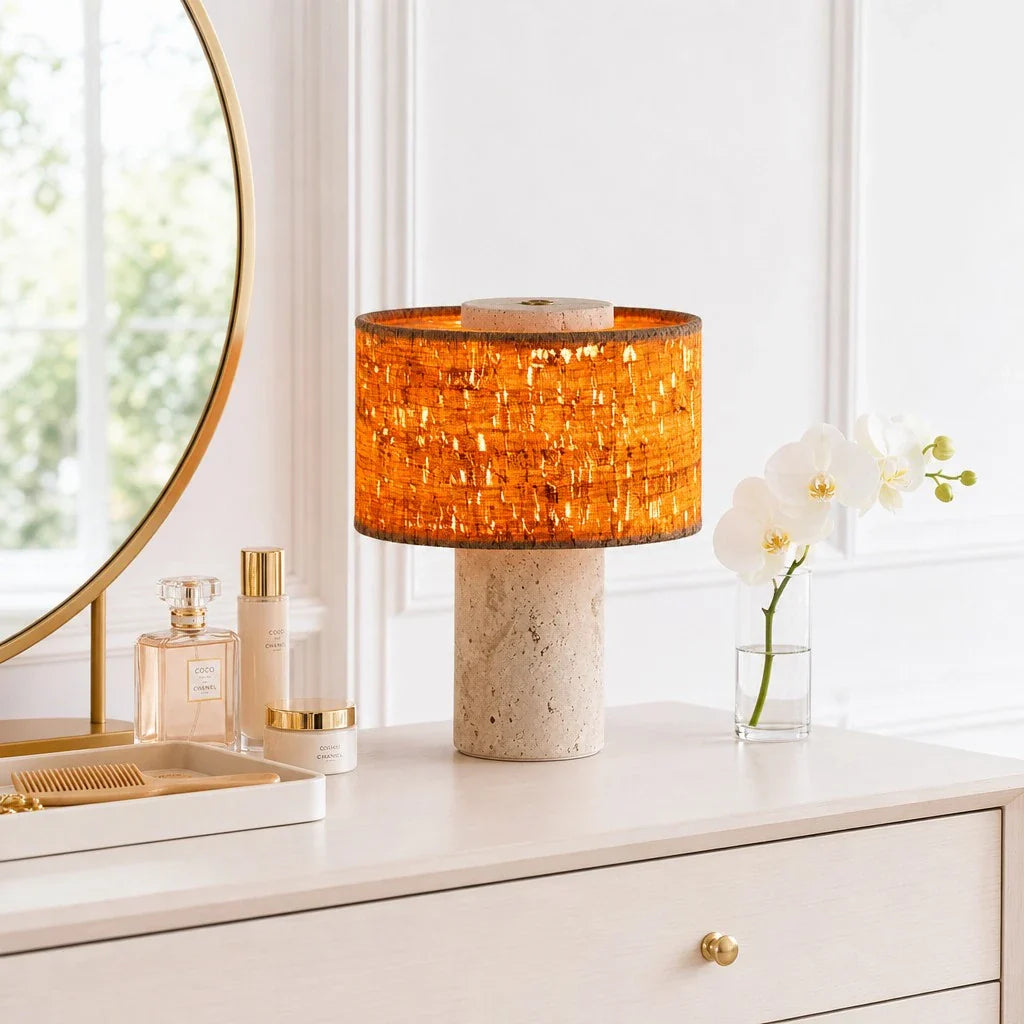 Minimalist Travertine Fabric Cylinder Table Lamp