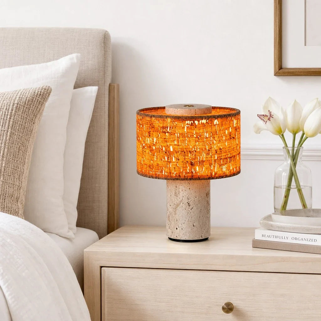 Minimalist Travertine Fabric Cylinder Table Lamp
