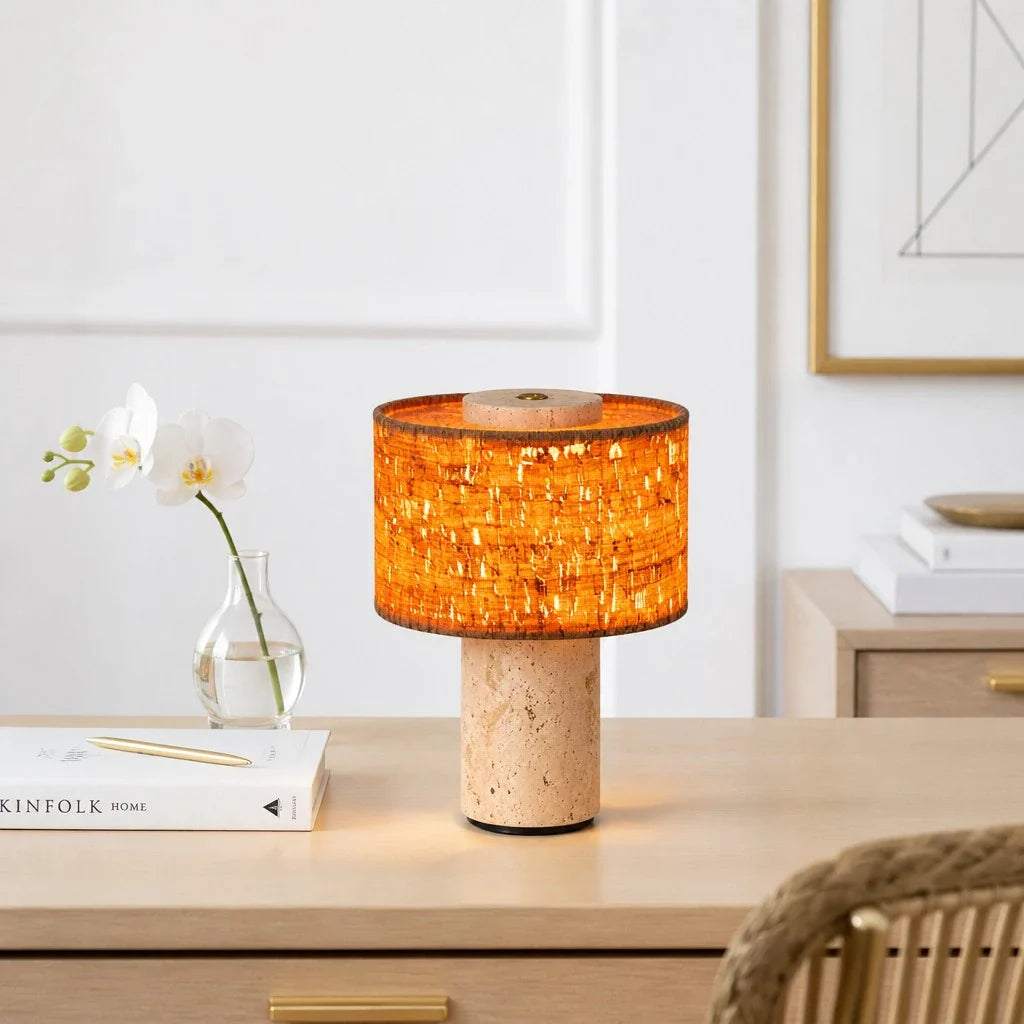 Minimalist Travertine Fabric Cylinder Table Lamp