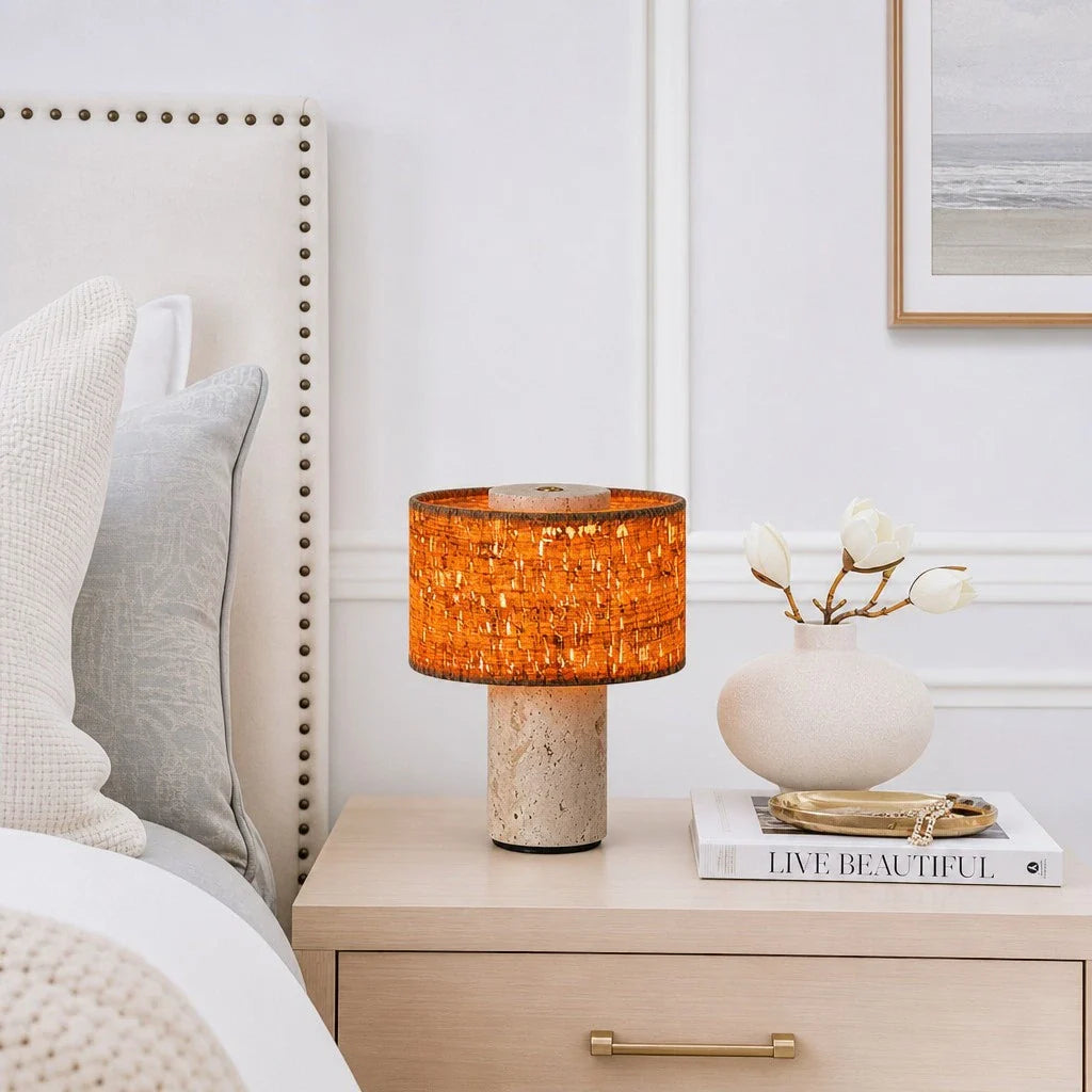 Minimalist Travertine Fabric Cylinder Table Lamp