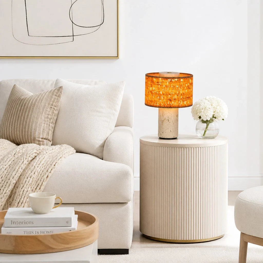 Minimalist Travertine Fabric Cylinder Table Lamp