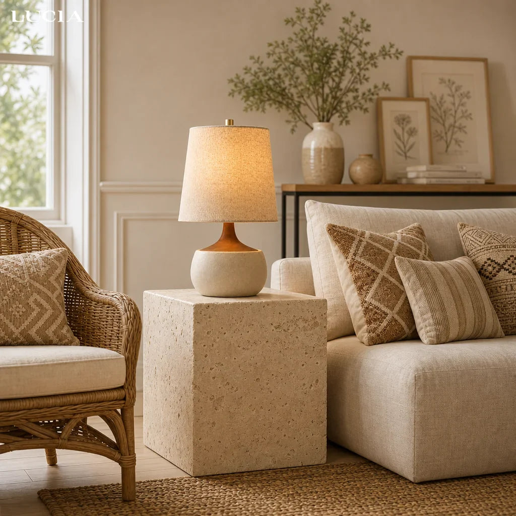 Mid-Century Ceramic Linen Table Lamp