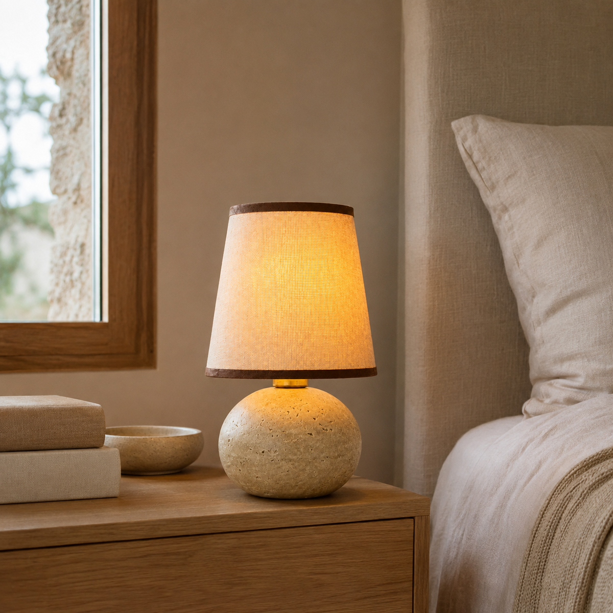Minimalist Fabric Travertine Ball Table Lamp