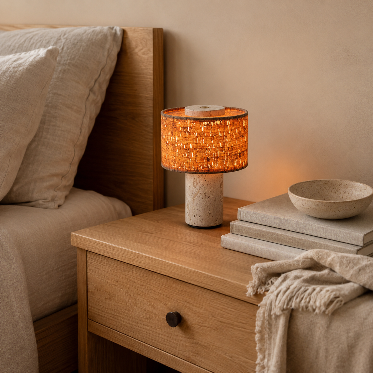 Minimalist Travertine Fabric Cylinder Table Lamp