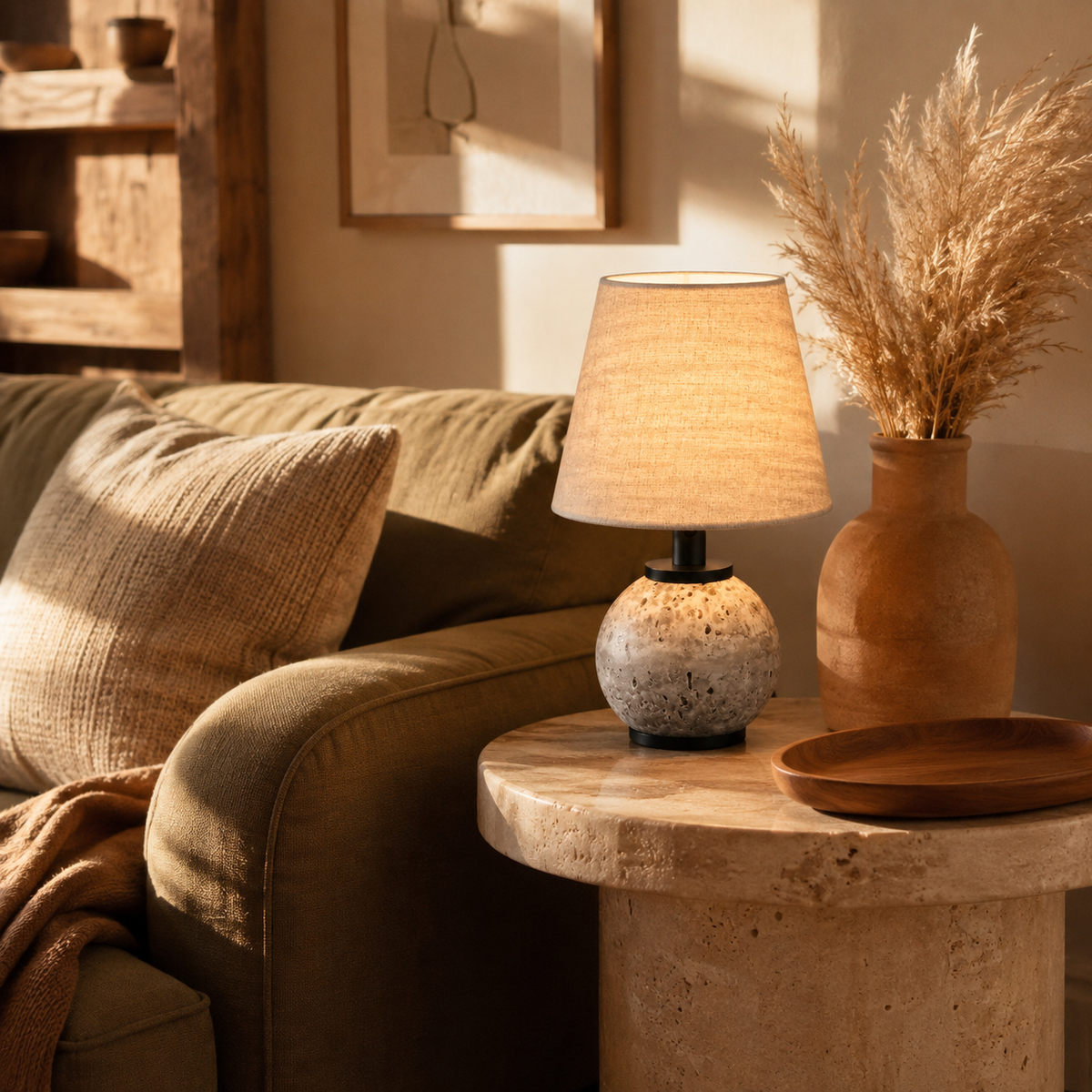 Minimalist Round Travertine Fabric Table Lamp