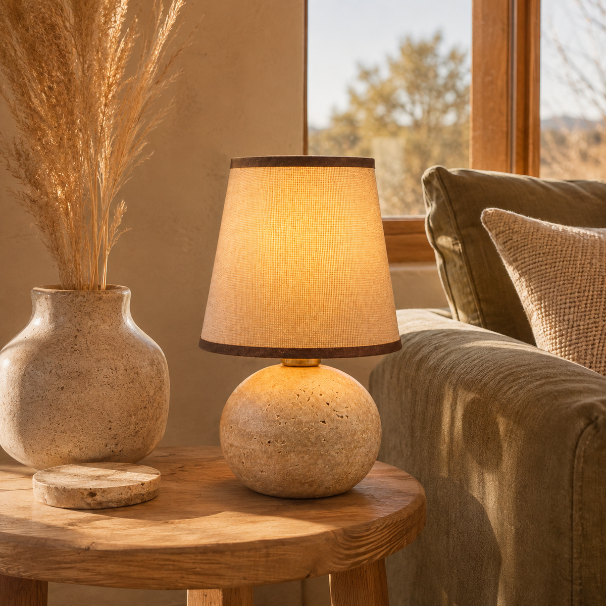 Minimalist Fabric Travertine Ball Table Lamp
