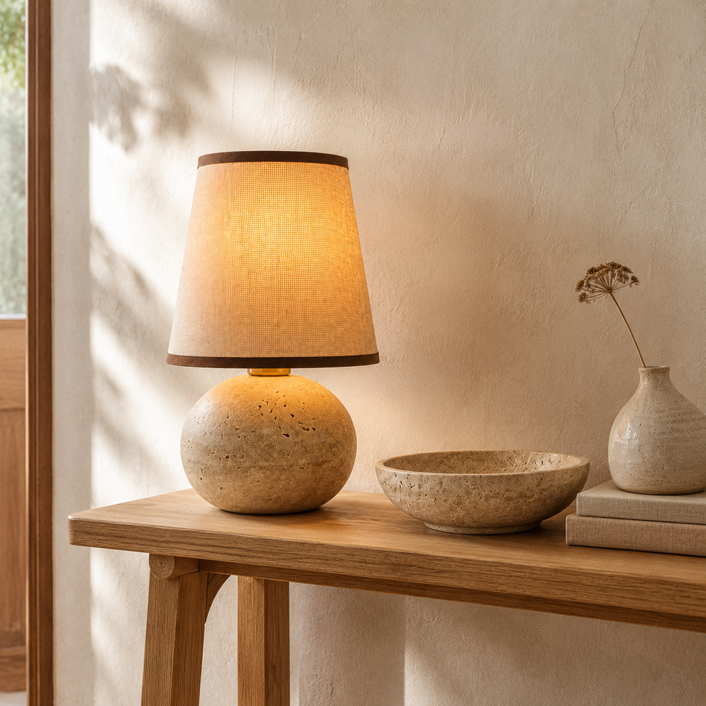 Minimalist Fabric Travertine Ball Table Lamp