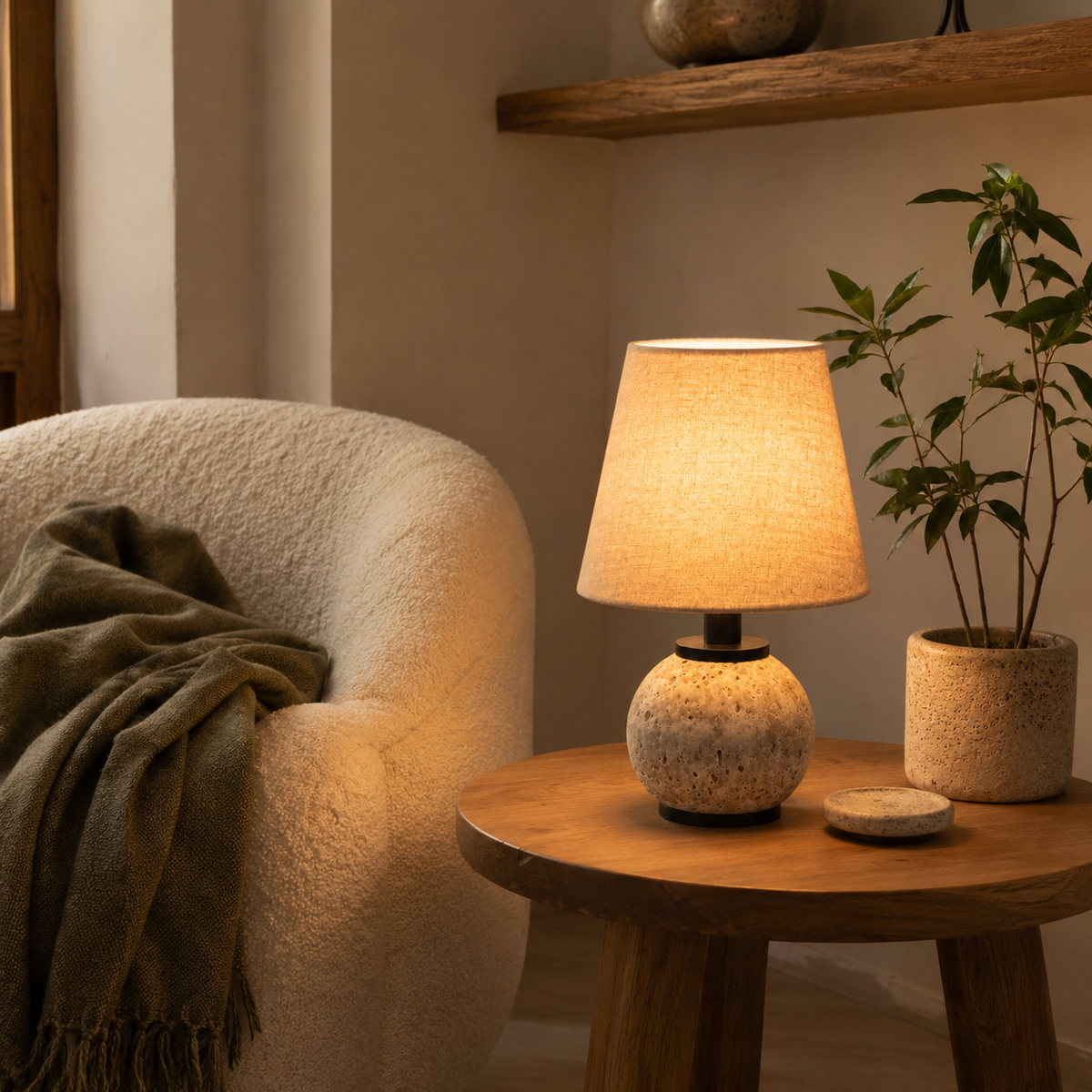 Minimalist Round Travertine Fabric Table Lamp
