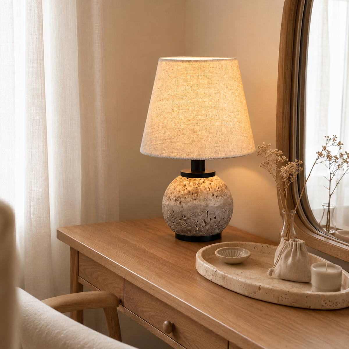 Minimalist Round Travertine Fabric Table Lamp