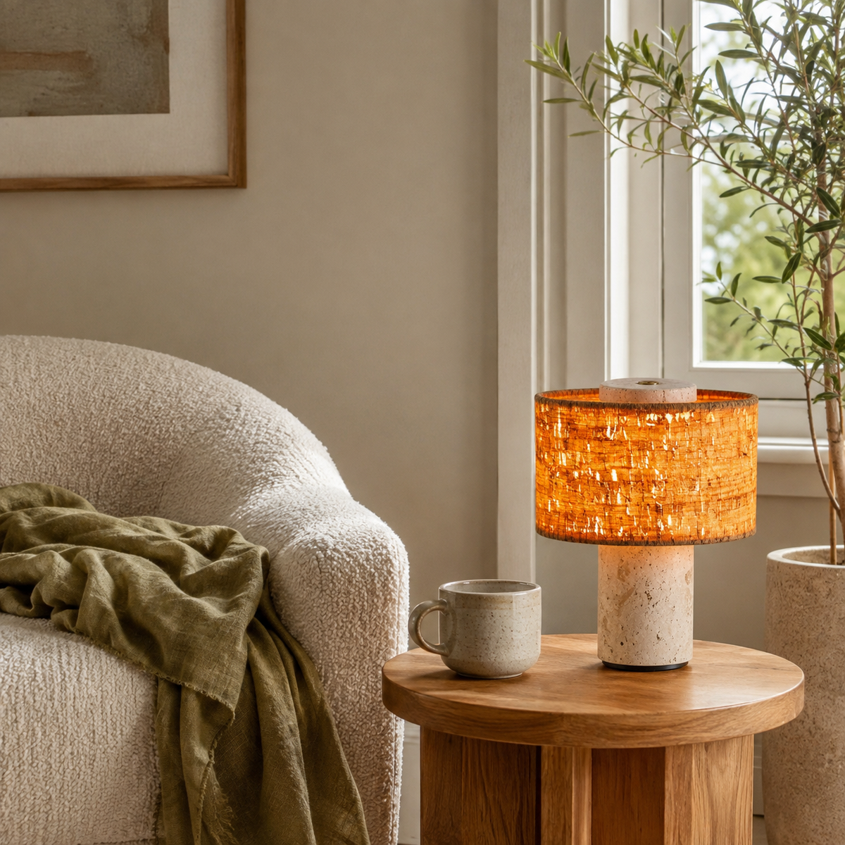 Minimalist Travertine Fabric Cylinder Table Lamp